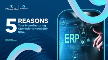 Graphic showcasing '5 Reasons Your Manufacturing Operations Need ERP Now' with an interactive touchpoint interface highlighting ERP features, accompanied by ZConsulto and Acumatica logos.