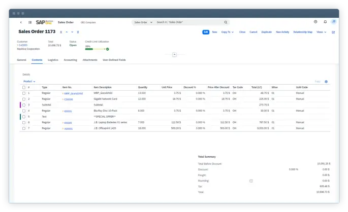 A detailed SAP Business One table view displaying inventory or financial data.