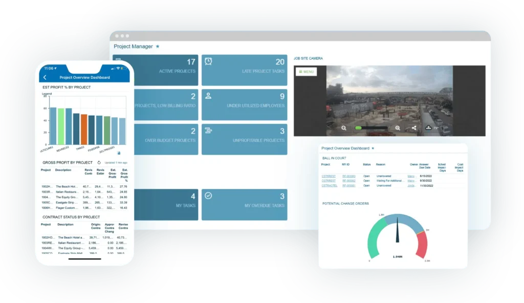 Screenshot of Acumatica Construction Edition dashboard showcasing project management tools, including task tracking, budget monitoring, and real-time analytics for construction projects