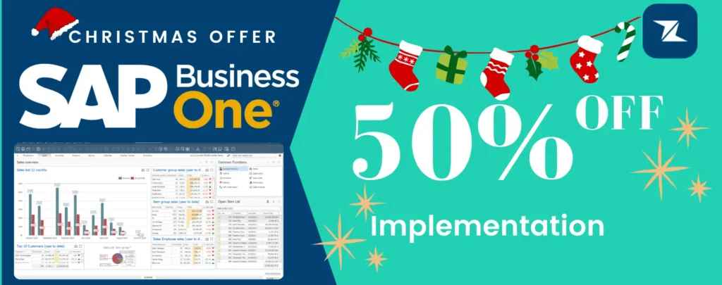 SAP Business One promotion banner showcasing 50% off on ERP implementation services with festive holiday-themed graphics.