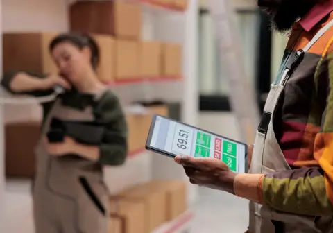 A worker using a tablet to process orders in a warehouse, showcasing the efficiency of automated order processing with ERP software.