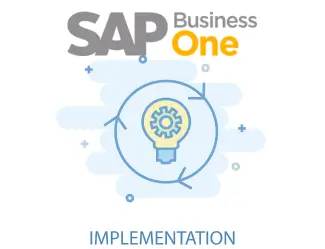 Illustration of SAP Business One Implementation featuring a lightbulb and workflow diagram, highlighting innovation and efficiency.