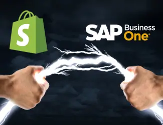 Illustration showing hands connecting with electricity, symbolizing the integration between Shopify and SAP Business One, with their logos in the background.