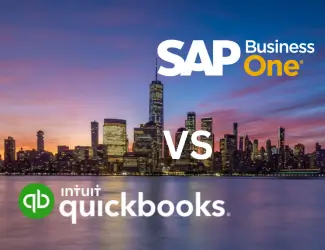 Comparison between SAP Business One vs QuickBooks, featuring a city skyline background with the SAP Business One and QuickBooks logos prominently displayed