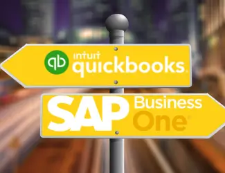 Directional signpost featuring QuickBooks and SAP Business One, symbolizing a decision point between two accounting and ERP software solutions for businesses.