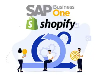 Illustration of SAP Business One Shopify integration, showing collaboration and automation between systems with gears, arrows, and people working together.