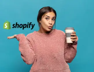 Woman holding a coffee cup and gesturing with one hand, standing in front of a blue background with the Shopify logo, highlighting the question 'Why Shopify?