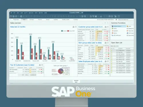 Computer screen displaying SAP Business One ERP dashboard highlighting sales and performance benefits for small businesses