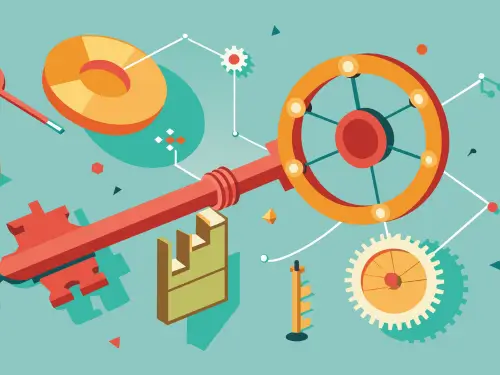 Illustration of key features for manufacturing software for small businesses, showcasing gears and tools representing efficiency