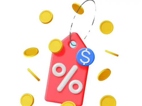 Price tag with percentage symbol and coins illustrating  pricing model comparison.