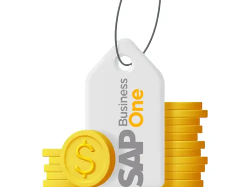 SAP Business One pricing concept with a tag featuring the SAP Business One logo and a stack of gold coins, symbolizing cost and value.