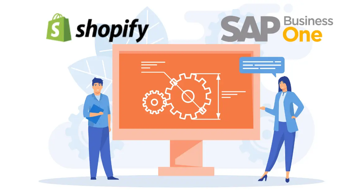 Illustration showing SAP Business One and Shopify integration with two business professionals collaborating on a screen, representing seamless ERP and eCommerce connectivity.