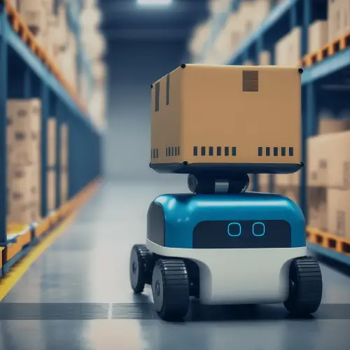 Warehouse robot carrying a box, symbolizing how manufacturing ERP resolves inventory management issues with automation.