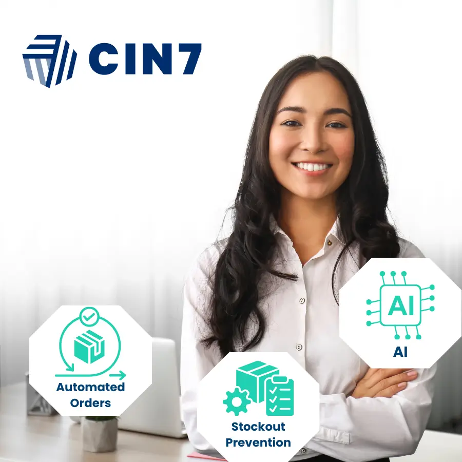 Smiling professional woman showcasing Cin7 ERP solutions with AI integration for inventory and supply chain management