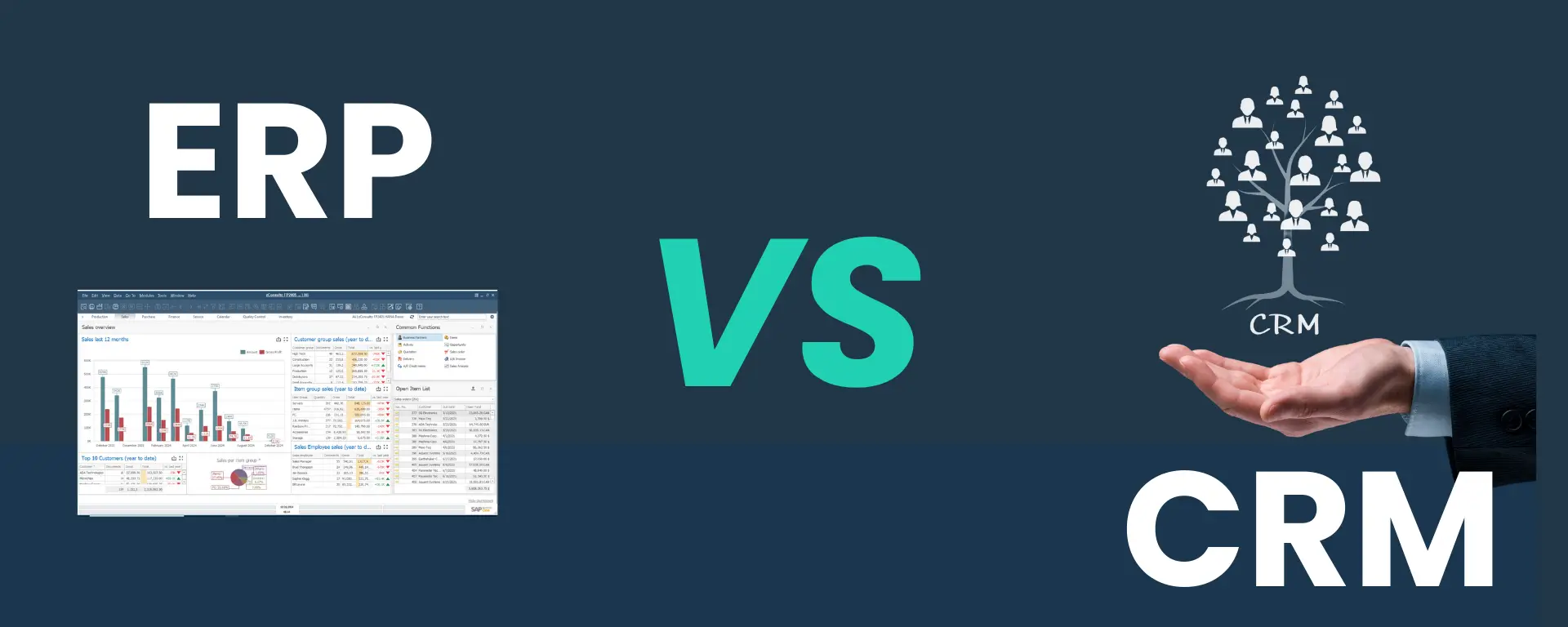 Comparison of ERP vs CRM with key differences and benefits highlighted.