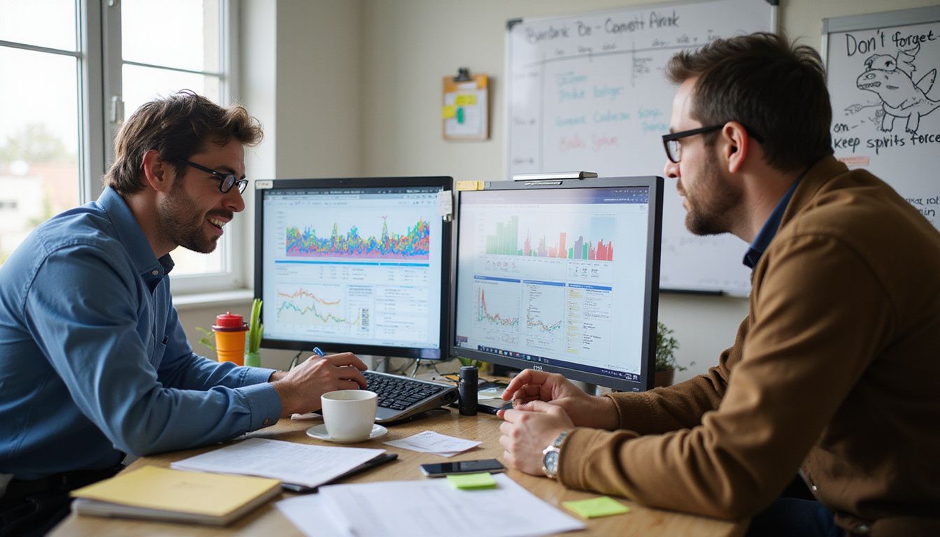Consultant walking a business owner through colorful SAP dashboards on a laptop.