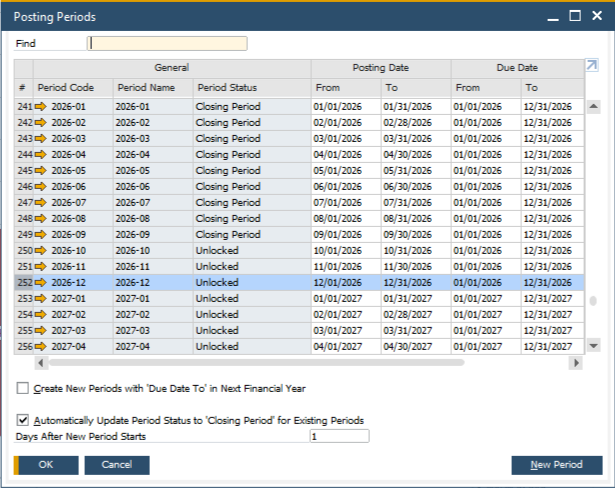 SAP Business One Posting Periods window with the check boxes Create New Periods with Due Date To in Next Financial Year and Automatically Update Period Status to Closing Period at the bottom