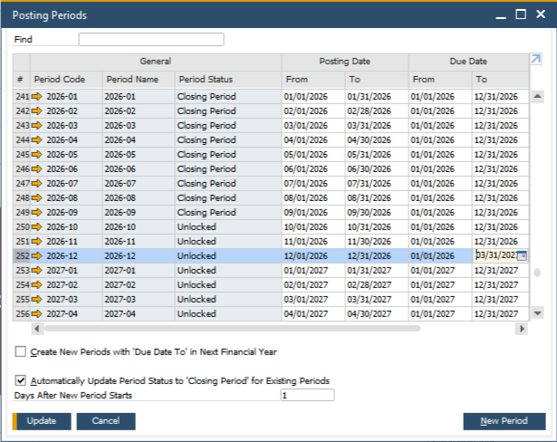 SAP Business One Posting Periods list with the Due Date To of period 2026-12 changed to 03/31/2027 and the Update button showing