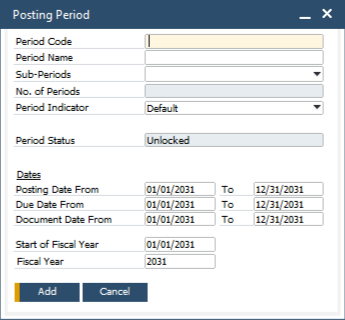 SAP Business One Posting Period window opened with New Period, with Period Code and Period Name empty and dates proposed for the year after the last period