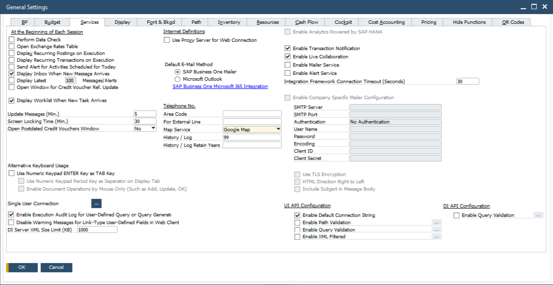 SAP Business One General Settings window, Services tab, showing Default E-Mail Method, the Enable Mailer Service check box and the company-specific Mailer configuration fields
